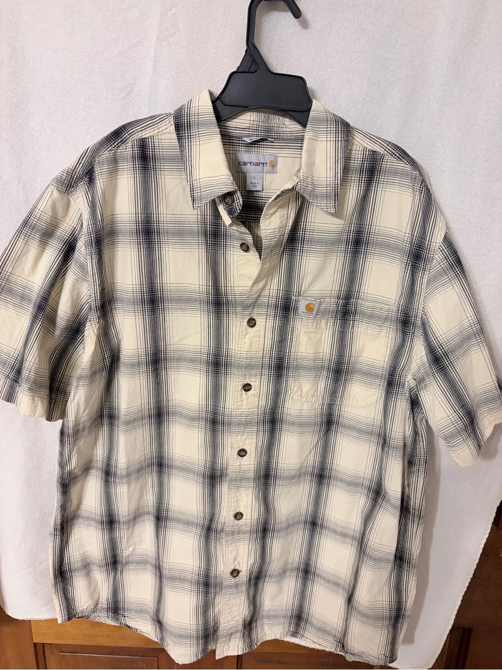 Carhartt Cream and Black Plaid Short Sleeve Button-Down Shirt